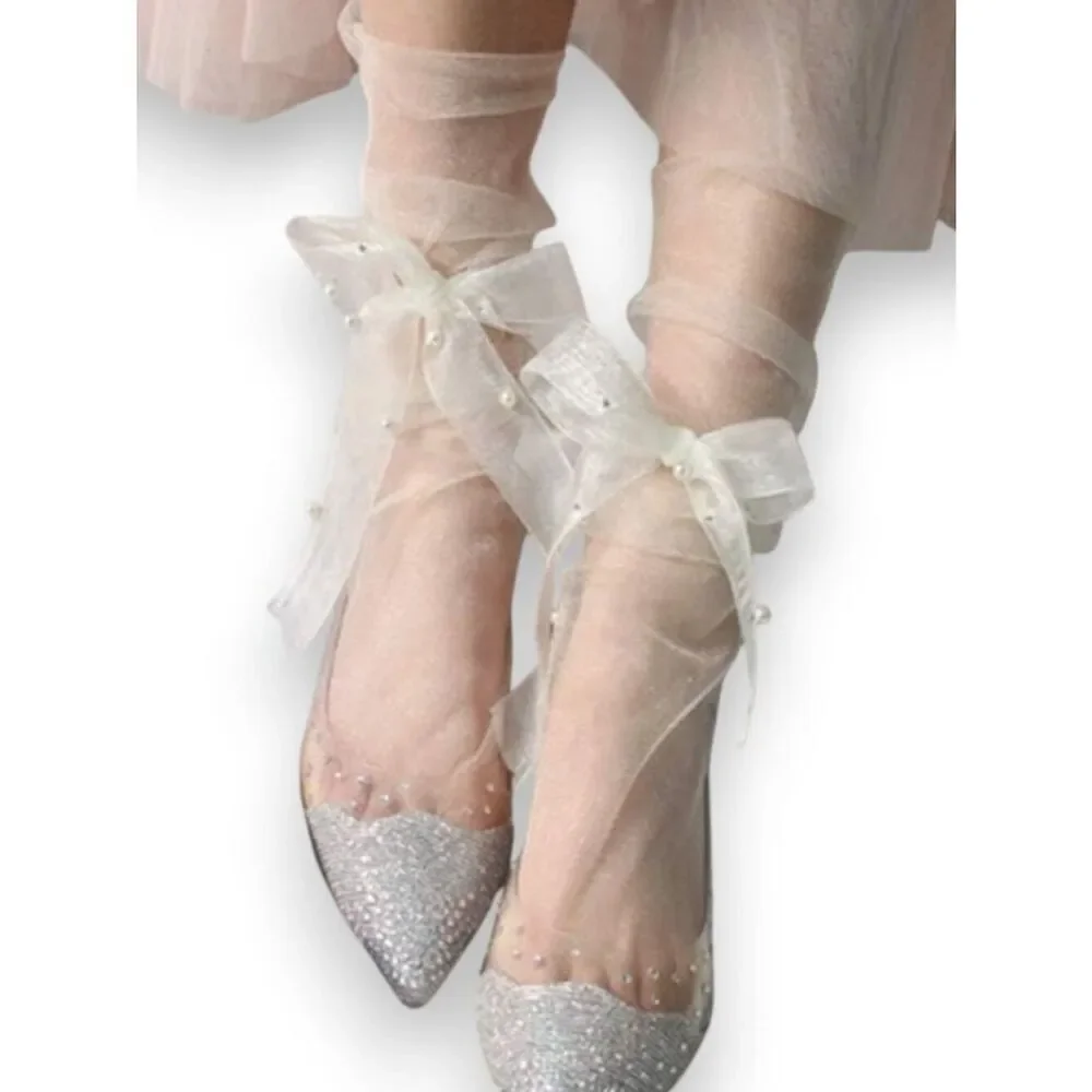 Gray Mesh Pearl Wrap Anklet Socks NWT